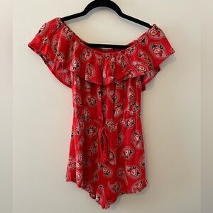 Boho Style Red Patterned Off the Shoulder Romper